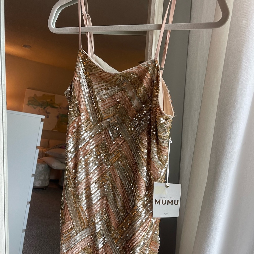 Mumu Sequin Dress in Gold and Pink